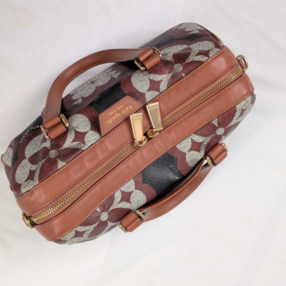 Kate Spade New York Spade Flower Monogram Satchel Bag Brown Black Gold Hardware - Picture 4 of 10